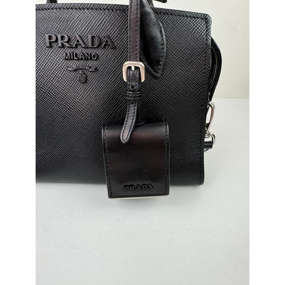 PRADA Milano Monochrome Black Small Handbag Leather Top Handle Crossbody Bag - Picture 3 of 11